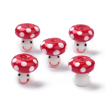Handmade Lampwork Beads, Smiling Face Mushroom Beads, Dark Red, 13x13mm, Hole: 3mm