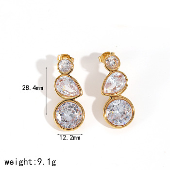 Teardrop 304 Stainless Steel Micro Pave Clear Cubic Zirconia Stud Earrings, Golden, 28.4x12.2mm