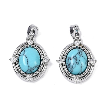 Synthetic Turquoise Oval Pendants, Brass Clear Cubic Zirconia Charms, Platinum, 18x15x4.5mm, Hole: 3.5x2.5mm