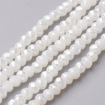 Electroplate Glass Beads Strands, Full Rainbow Plated, Faceted, Rondelle, White, 4~4.5x3mm, Hole: 0.5mm, about 130~135pcs/strand, 15.5~16 inch(39~40cm)