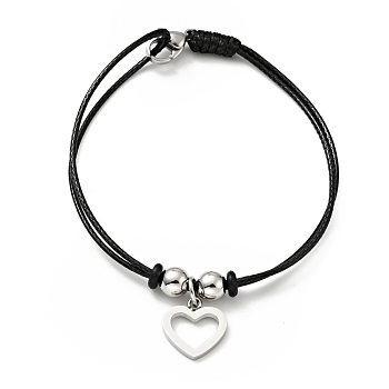304 Stainless Steel Heart Charm Bracelet with Waxed Cord for Women, Stainless Steel Color, 7 inch(17.8cm)