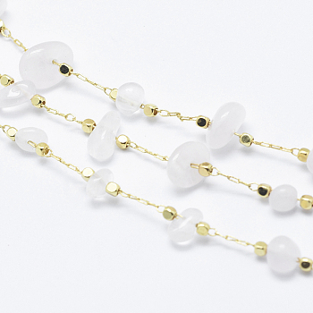 3.28 Feet Handmade Natural Rose Quartz Beaded Chains, Soldered, Brass Chains and Brass Beads, Long-Lasting Plated, Real 18K Gold Plated, 4~14x4~11x2~7mm, Brass Beads: about 2x2x2mm