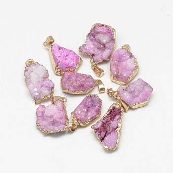 Natural Druzy Agate Pendants, Druzy Trimmed Stone, Dyed, Nuggets, Plum, 23~40x13~30x7~20mm, Hole: 3x6mm