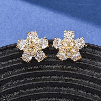 Brass Cubic Zirconia Stud Earrings for Women, Flower, Real 18K Gold Plated, 15x15.5mm