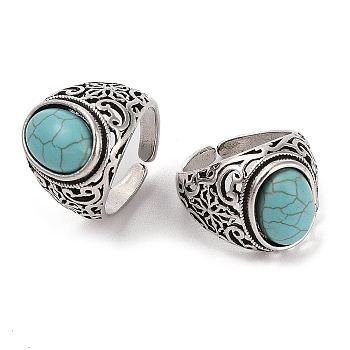 Oval Synthetic Turquoise Cuff Rings, Alloy Wide Band Open Rings for Women, Cadmium Free & Lead Free, Antique Silver, 19.5mm, Inner Diameter: Adjustable