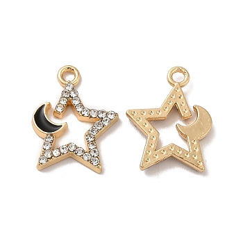 Rack Plating Alloy Rhinestone Pendants, with Enamel, Nickel Free, Star with Moon Charms, Golden, Black, 17x13x2mm, Hole: 1.6mm