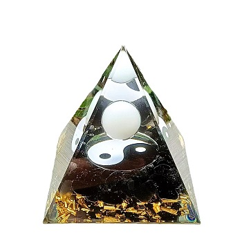 Yin Yang Eight-Trigram Pattern Orgonite Pyramid Resin Display Decorations, with Natural White Jade, Obsidian Chips Inside, for Home Office Desk, Black, 60x60mm