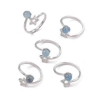 Natural Aquamarine Cuff Rings, Platinum Tone Brass Jewelry for Women, Round with Star, 2~7.5mm, Inner Diameter: 18mm