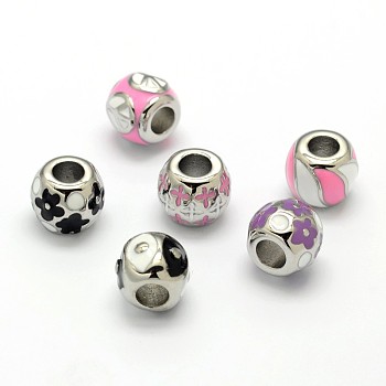 Mixed 304 Stainless Steel Enamel Barrel Large Hole Beads, Stainless Steel Color, 11x10mm, Hole: 5mm