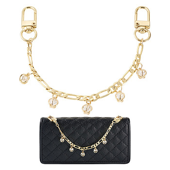 Brass Figaro Chains Bag Strap, with Zinc Alloy Swivel Clasp and Brass Micro Pave Clear Cubic Zirconia Crown Charms, for Bag Replacement, Real 14K Gold Plated, 210mm