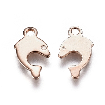 201 Stainless Steel Charms, Dolphin Shape, Rose Gold, 12x7x0.7mm, Hole: 1.4mm