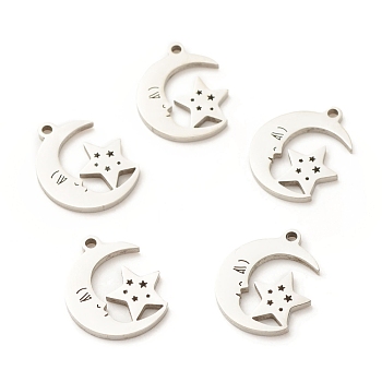 201 Stainless Steel Pendants, Moon with Face & Star, Stainless Steel Color, 17x13x1.2mm, Hole: 1.5mm