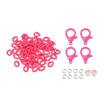 DIY Masks Chains Making Kits, Including 304 Stainless Steel Jump Rings, Opaque Acrylic Linking Rings, Transparent Glass Charms and Plastic Lobster Claw Clasps, Deep Pink, 13.5x10.5x3.5mm, Hole: 1.2mm, 94Pcs/bag
