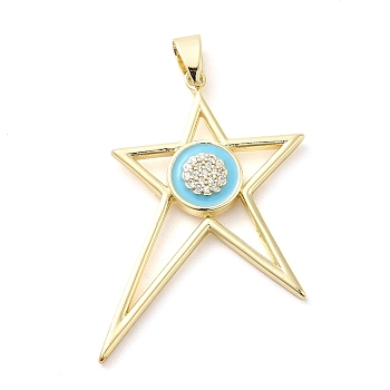 Real 18K Gold Plated Brass Clear Cubic Zirconia Pendants, with Enamel, Star, Light Sky Blue, 40x29x3.5mm, Hole: 6.5x3.7mm