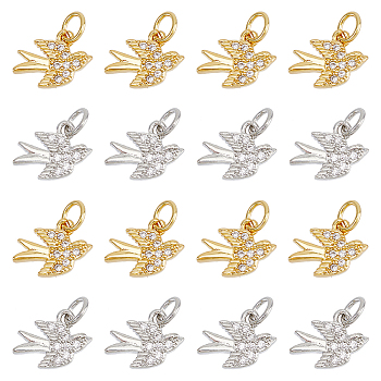 16Pcs 2 Colors Brass Micro Pave Clear Cubic Zirconia Bird Charms, with Jump Ring, Swallow Charm, Platinum & Golden, 9x12x2mm, Hole: 3mm, 8pcs/color