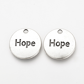 Tibetan Style Alloy Pendants, Inspirational Message Pendants, Flat Round with Word Hope, Cadmium Free & Lead Free, Antique Silver, 20x2mm, Hole: 2mm, about 490pcs/1000g