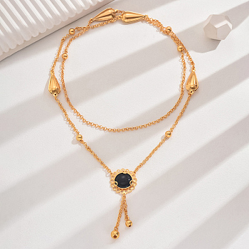 Vintage Classic Elegant Brass Pave Natural Black Onyx(Dyed & Heated) Fashion European Flower Lariat Necklaces, Real 18K Gold Plated, 46.46 inch(118cm)