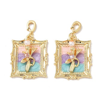 Brass Random Color Glass Pendants, Rectangle with Flower, with ABS Imitation Pearl & Enamel & Loop, Real 18K Gold Plated, 33.5x26.5x7.5mm, Hole: 5.5x5mm