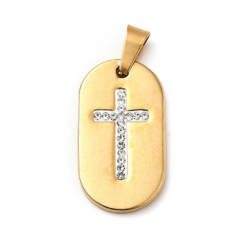 Polymer Clay Rhinestone Pendant, with Vacuum Plating 201 Stainless Steel, Oval with Cross, Golden, 26x14.5x2mm, Hole: 6x2.5mm