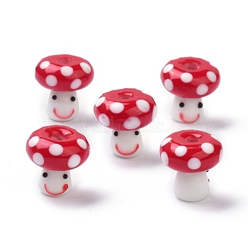 Handmade Lampwork Beads, Smiling Face Mushroom Beads, Dark Red, 13x13mm, Hole: 3mm(GLAA-K041-01D)
