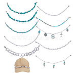 10Pcs Aluminum & Synthetic Turquoise & Plastic Pearl Beads Baseball Cap Chains, with Alloy Lobster Claw Clasps, Antique Silver & Platinum, 255~270mm, 10pcs/set(HJEW-HY00072)