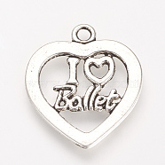 Tibetan Style Alloy Pendants, Heart with Word I love Ballet, Cadmium Free & Nickel Free & Lead Free, Antique Silver, 24.5x21x1.5mm, Hole: 2mm, about 580pcs/1000g(TIBE-S303-08AS-NR)