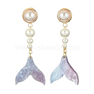 Shell Pearl & Cellulose Acetate(Resin) Dangle Stud Earrings, Mermaid Tail Shape Drop Earrings, Colorful, 49.5x19mm(EJEW-TA00279)