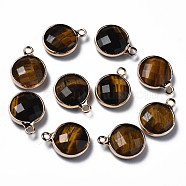 Natural Tiger Eye Charms, Faceted, with Golden Plated Brass Edge and Loop, Flat Round, 14.5x11.5x4.5mm, Hole: 1.5mm(G-Q998-026H)