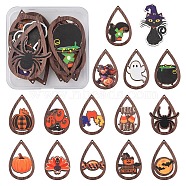 15Pcs 15 Styles Halloween Theme Single Face Printed Aspen Wood Big Pendants, Teardrop Charm with Halloween Theme Pattern, Mixed Color, 54.5~55x34~34.5x2.5mm, Hole: 1.6mm, 1pc/style(WOOD-YW0001-09)