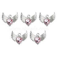 Rack Plating Alloy Glass Pendants, Cadmium Free & Lead Free & Nickle Free, Platinum, Faceted Heart Charm with Wing, Pink, 20x22x4mm, Hole: 1.8mm(FIND-YW0001-85B)