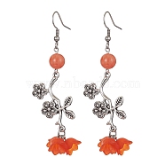 Natural Dyed Mashan Jade Flower with Acrylic Beaded Dangle Earrings, 304 Stainless Steel Long Drop Earrings, Coral, 73x22mm(EJEW-JE05419-01)