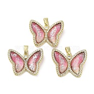 Real 18K Gold Plated Rack Plating Brass Micro Pave Cubic Zirconia Pendants, with Resin, Long-Lasting Plated, Cadmium Free & Lead Free, Butterfly, Light Coral, 21.5x26.5x5mm, Hole: 6x2.7mm(KK-R161-05G-01)