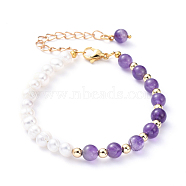 Natural Pearl & Natural Amethyst Beaded Bracelets, with Iron Chain Extender, 304 Stainless Steel Lobster Claw Clasps and Brass Beads, 7-1/4 inch(18.5cm)(BJEW-JB05153-02)