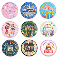 Tinplate Brooch, with Plastic Bottom & Iron Pin, Flat Round, Mixed Color, Birthday Themed Pattern, 58x4mm, 9pcs/set(JEWB-WH0013-013)