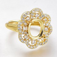 Adjustable Brass Micro Pave Clear Cubic Zirconia Finger Ring Components, 4 Claw Prong Ring Settings, Long-Lasting Plated, Flower, Clear, Golden, US Size 6 3/4, Inner Diameter: 17.1mm, Tray: 10x8mm(ZIRC-I049-14G)
