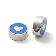 304 Stainless Steel Enamel Beads, Flat Round with Heart, Stainless Steel Color, Royal Blue, 8x3mm, Hole: 1.8mm(STAS-L022-096P-01)