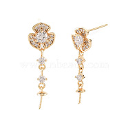 Flower Shape Brass Micro Pave Clear Cubic Zirconia Earring Findings, for Half Drilled Beads, Nickel Free, Real 18K Gold Plated, 27.5x8.5mm, Pin: 0.7mm, Pin: 0.7mm(for half drilled beads)(KK-S356-436-NF)