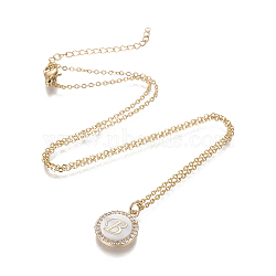 Brass Initial Pendant Necklaces, with Shell, Cubic Zirconia and 304 Stainless Steel Cable Chains, Flat Round with Letter, Letter.B, 17.5 inch(44.5cm), 1.5mm(NJEW-I230-24G-B)