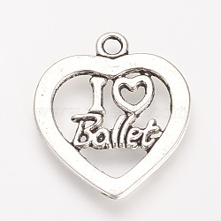 Tibetan Style Alloy Pendants, Heart with Word I love Ballet, Cadmium Free & Nickel Free & Lead Free, Antique Silver, 24.5x21x1.5mm, Hole: 2mm, about 580pcs/1000g(TIBE-S303-08AS-NR)