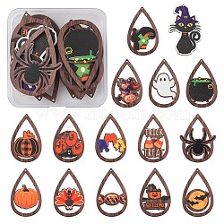 15Pcs 15 Styles Halloween Theme Single Face Printed Aspen Wood Big Pendants, Teardrop Charm with Halloween Theme Pattern, Mixed Color, 54.5~55x34~34.5x2.5mm, Hole: 1.6mm, 1pc/style(WOOD-YW0001-09)