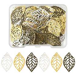 100Pcs 3 Colors Iron Filigree Joiners Pendants, Etched Metal Embellishments, Leaf, Mixed Color, 23.5x13.5~14x0.2~0.4mm, Hole: 1mm(IFIN-FS0001-60)