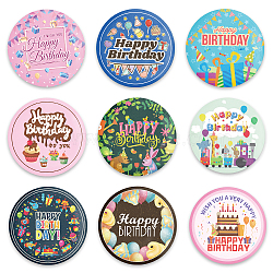 Tinplate Brooch, with Plastic Bottom & Iron Pin, Flat Round, Mixed Color, Birthday Themed Pattern, 58x4mm, 9pcs/set(JEWB-WH0013-013)