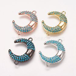 Brass Micro Pave Cubic Zirconia Links, Crescent Moon, Deep Sky Blue, Mixed Color, 17x24x3mm, Hole: 1mm(ZIRC-E113-13)