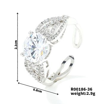 Fashionable Unisex Brass Micro Pave Clear Cubic Zirconia Open Cuff Rings, Platinum, Inner Diameter: 21mm