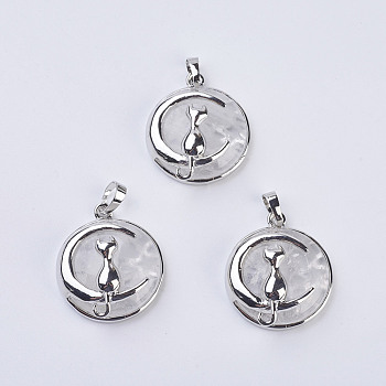 Natural Quartz Crystal Kitten Pendants, Rock Crystal, with Brass Findings, Flat Round with Cat & Crescent Moon Shape, Platinum, 32x27.5x10mm, Hole: 5x7mm