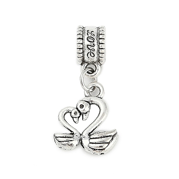 Rack Plating Brass European Dangle Charms, Double Swan Large Hole Pendants, Lead Free & Cadmium Free, Antique Silver, 22mm, Hole: 4.5mm