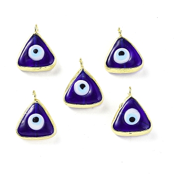 Handmade Lampwork Pendants, with Eco-friendly Light Gold Brass Edge & Loop, Long-Lasting Plated, Cadmium Free & Lead Free, Triangle with Evil Eye Charm, Midnight Blue, 17x14x5mm, Hole: 2mm