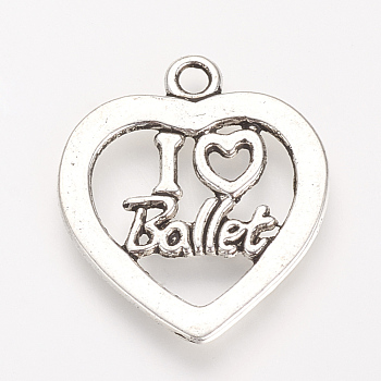 Tibetan Style Alloy Pendants, Heart with Word I love Ballet, Cadmium Free & Nickel Free & Lead Free, Antique Silver, 24.5x21x1.5mm, Hole: 2mm, about 580pcs/1000g