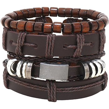 1Pc Cowhide & Imitation Leather Cord Knitted Multi-strand Bracelets, Alloy Link Bracelets, Rectangle, 3-1/2x1-5/8 inch(9x4cm)