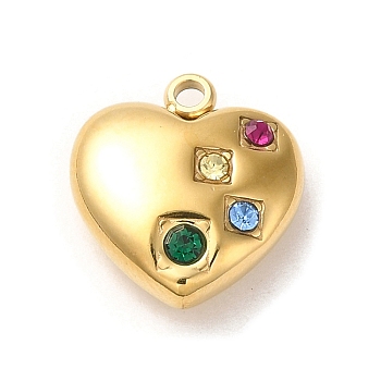 304 Stainless Steel Charms, with Colorful Rhinestone, Heart Charm, Real 14K Gold Plated, 14x13x5mm, Hole: 1.5mm